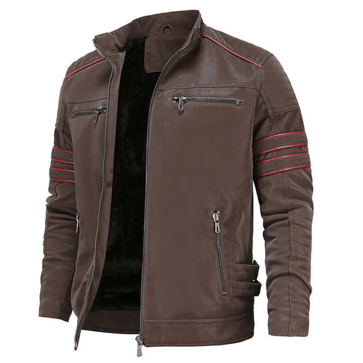 Braune Lederjacke für Herren mit Reißverschlüssen, roten Streifen, modisch, warm gefüttert.