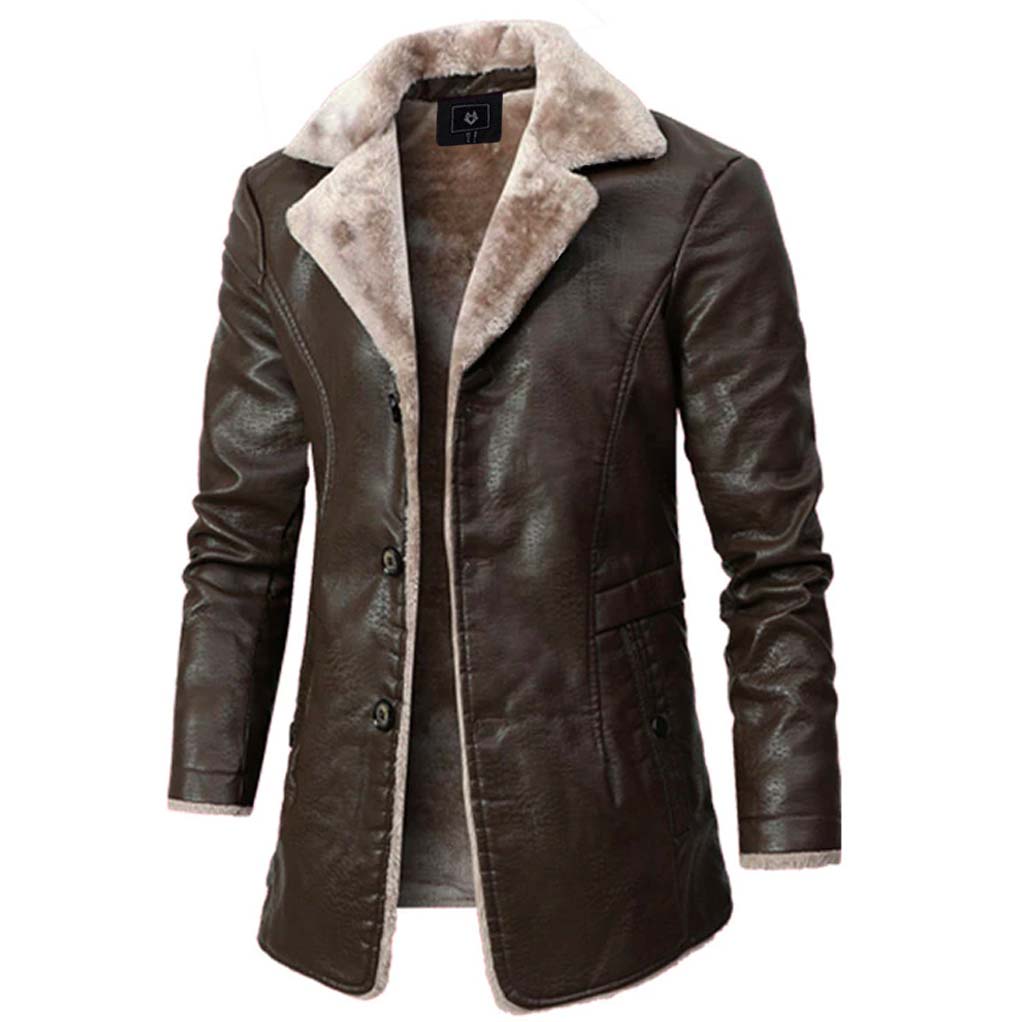 Braune Lederjacke mit Fellkragen, Herrenmode, stilvoll, warm, Winterbekleidung.