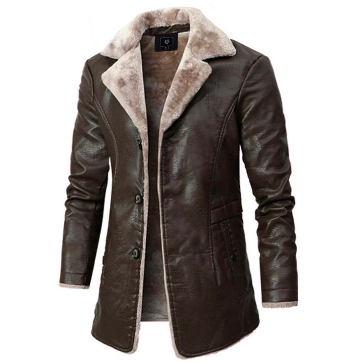 Braune Lederjacke mit Fellkragen, Herrenmode, stilvoll, warm, Winterbekleidung.