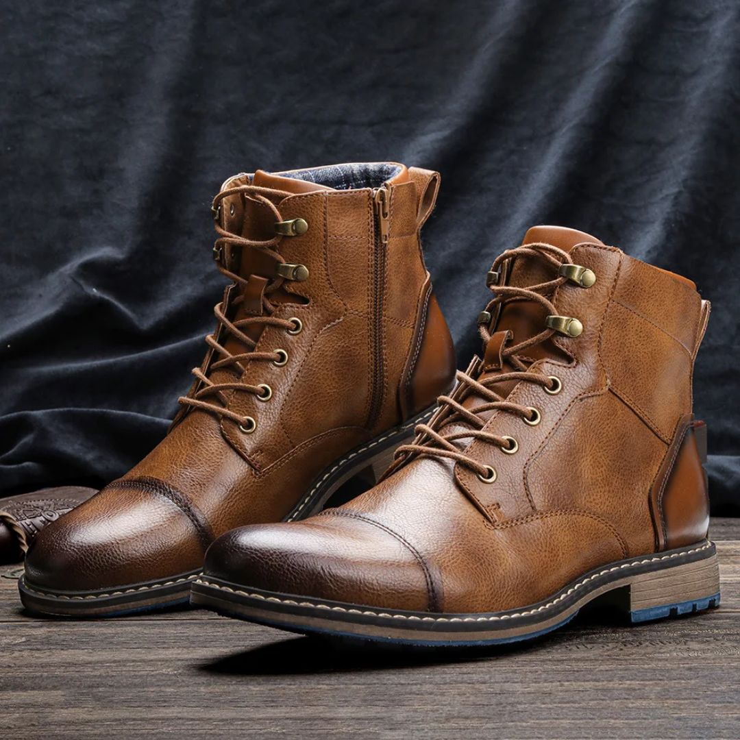Braune Herren-Lederstiefel, Schnürung, robust, modisch, Herbst-Winter, rutschfeste Sohle.