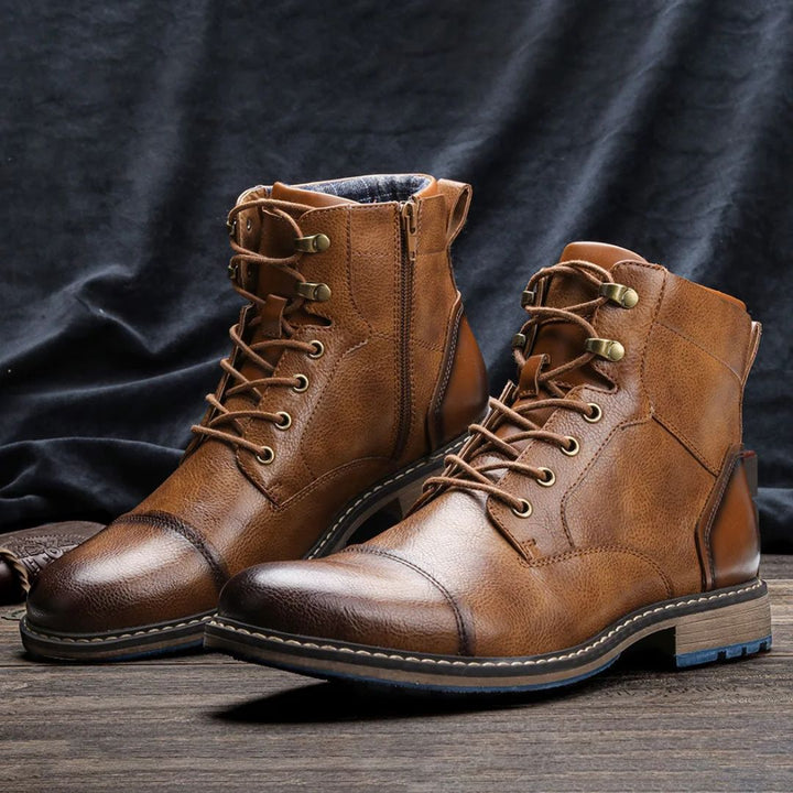 Braune Herren-Lederstiefel, Schnürung, robust, modisch, Herbst-Winter, rutschfeste Sohle.