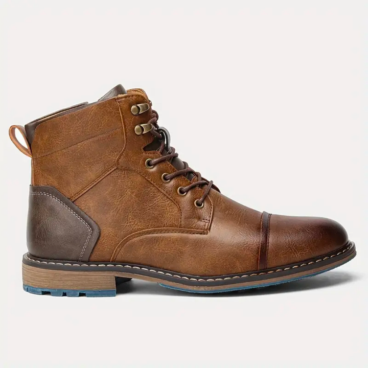 Brauner Herrenstiefel aus Leder, Schnürung, robuster Absatz, modisch, bequem, Herbst/Winter.