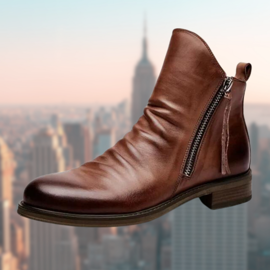 Brauner Lederstiefel mit Reißverschluss, urbaner Hintergrund, modisch, bequem, Damenstiefel.