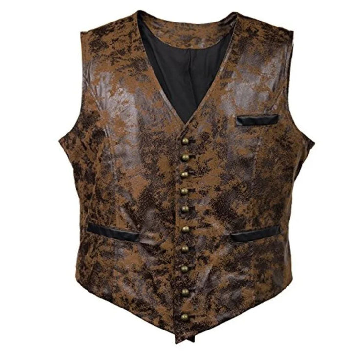 Braune Lederweste mit Schlangenmuster, Knöpfen und Taschen, Herrenmode, Vintage-Stil.