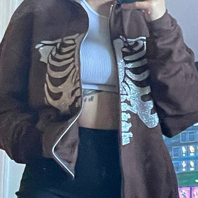 Braune Jacke mit Skelett-Design, Damenmode, lässig, Reißverschluss, Herbstkleidung.