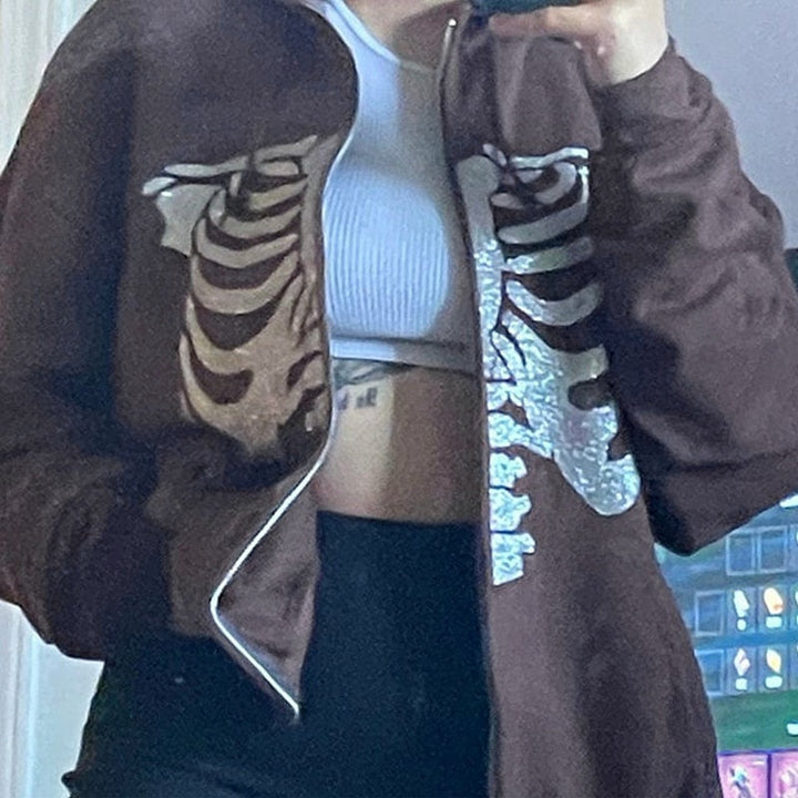 Braune Jacke mit Skelett-Design, Damenmode, lässig, Reißverschluss, Herbstkleidung.
