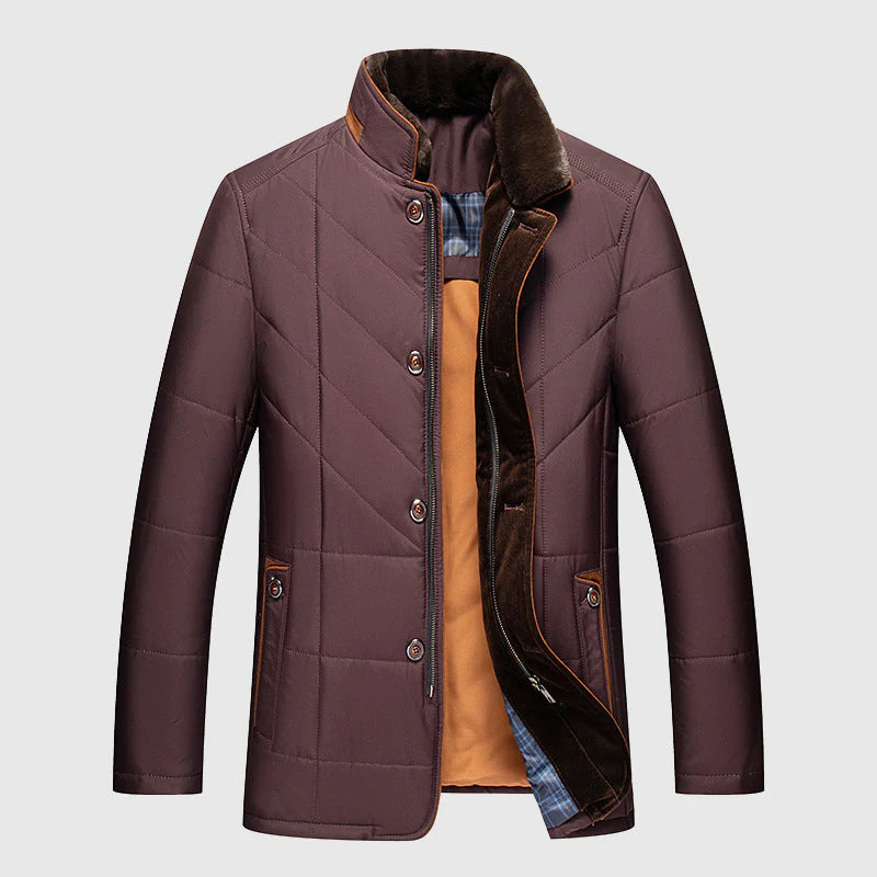 Braune Herrenjacke, gesteppt, mit Stehkragen und Knopfleiste, elegant und klassisch.