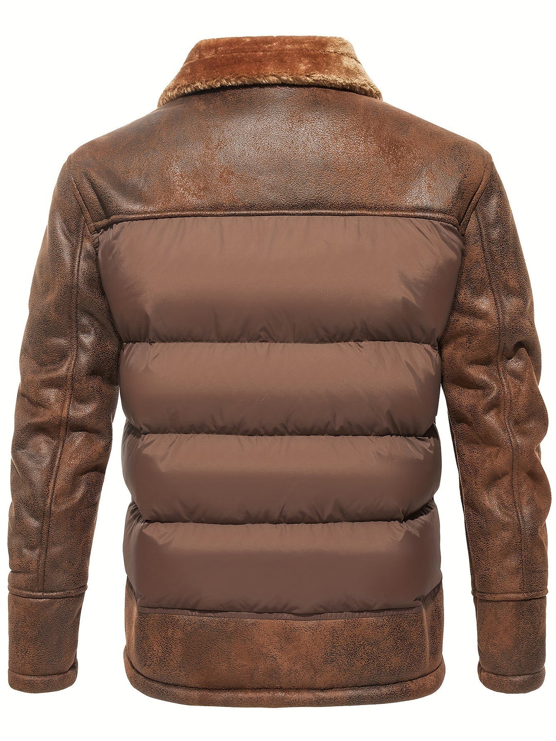 Braune Lederjacke mit Steppdesign, Kunstfellkragen, Herrenmode, Winterjacke, Rückansicht.
