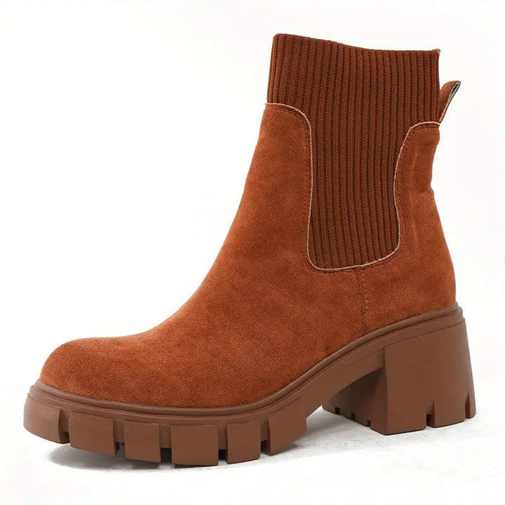 Braune Wildleder-Winterschuhe, Absatzstiefel, Damen, Luca Norelli, modisch, rutschfest.