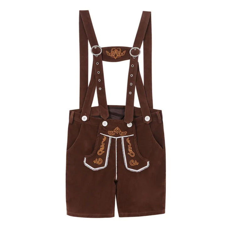 Braune Lederhose mit Hosenträgern, Stickerei, traditionell, Trachtenmode, Herrenbekleidung.