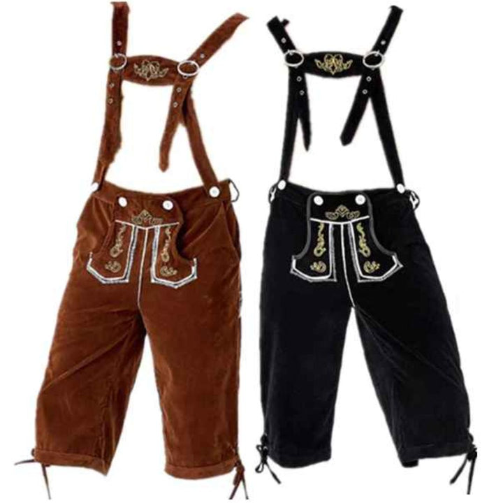 Braune und schwarze Kinder-Lederhosen mit Stickerei, traditionell, Trachtenmode, Oktoberfest.