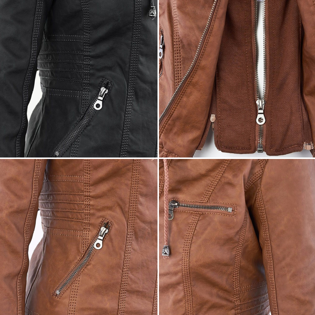 Schwarze und braune Lederjacken mit Reißverschlüssen, Detailansicht, modisch, hochwertig.
