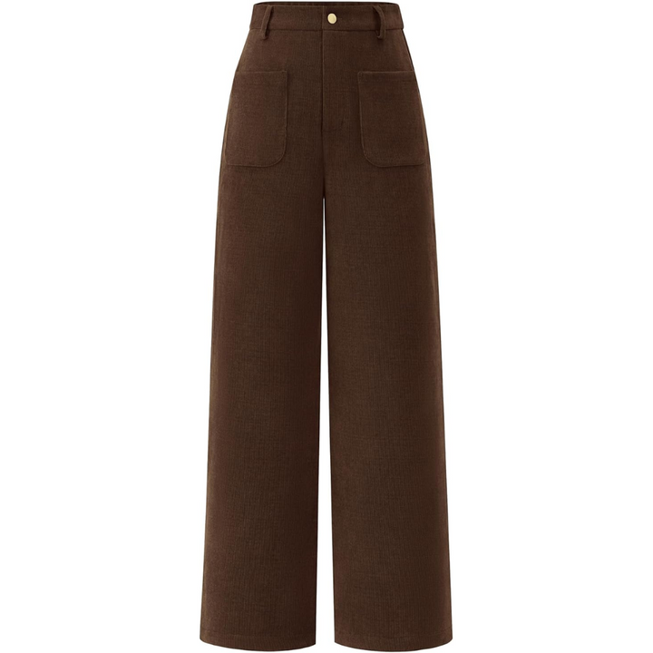 Braune Damenhose, weites Bein, hohe Taille, Cordstoff, modisch, Herbstmode 2024.