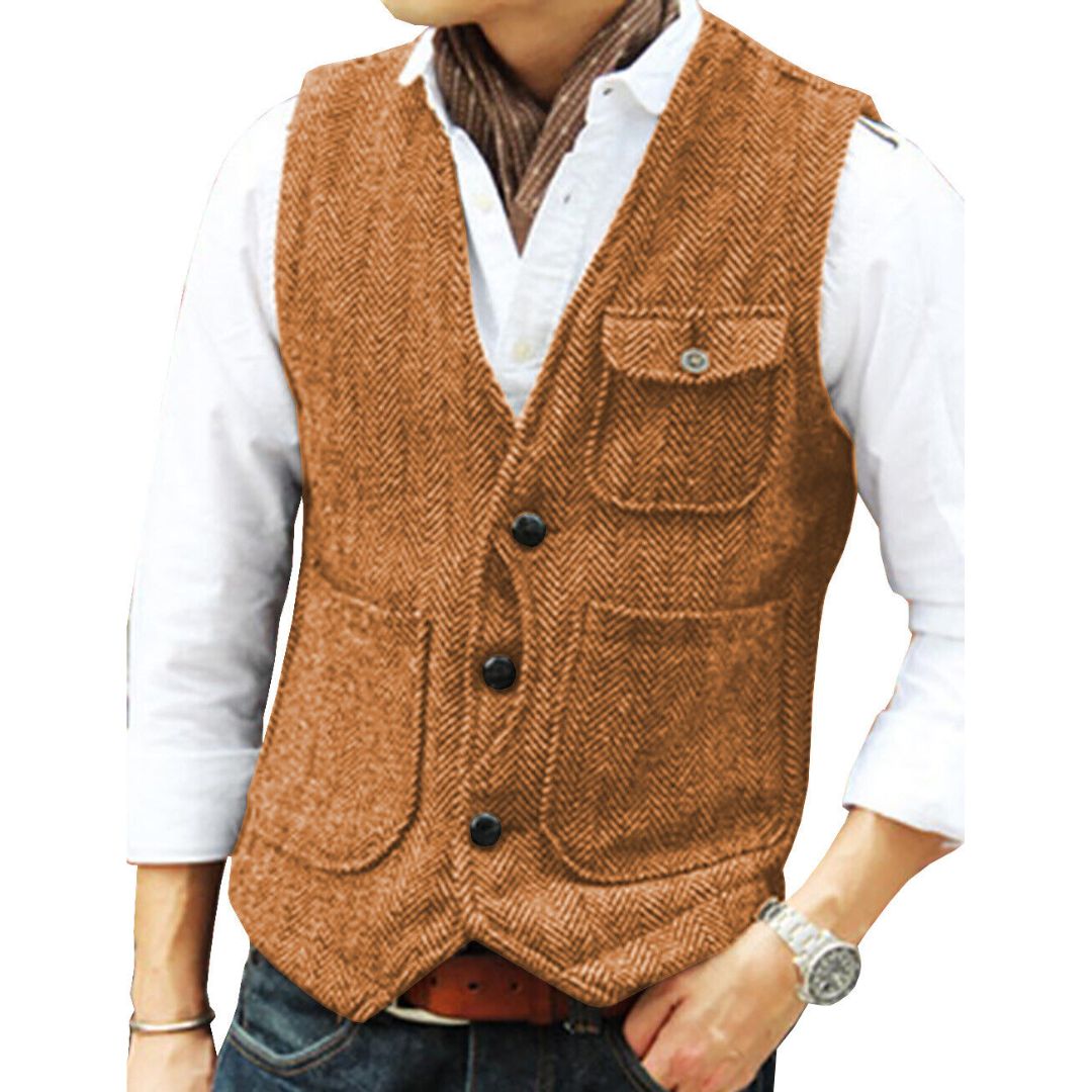 Männer Weste braun Tweed, eleganter Stil, Knöpfe, Taschen, ideal für formelle Anlässe.