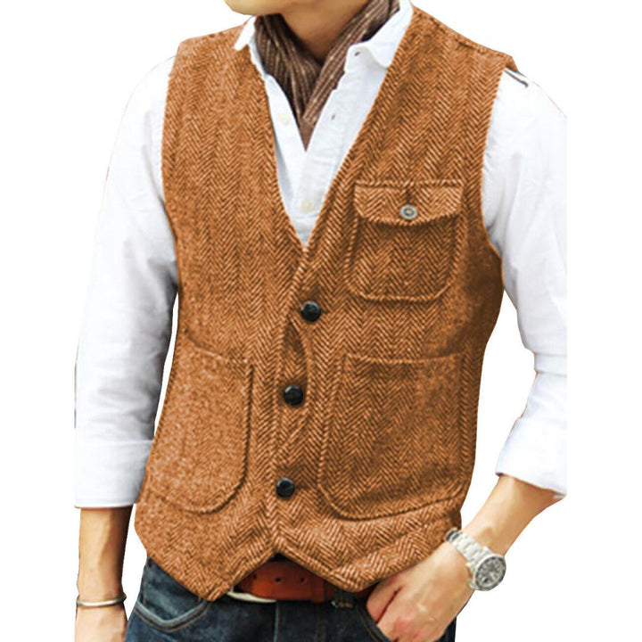 Männer Weste braun Tweed, eleganter Stil, Knöpfe, Taschen, ideal für formelle Anlässe.