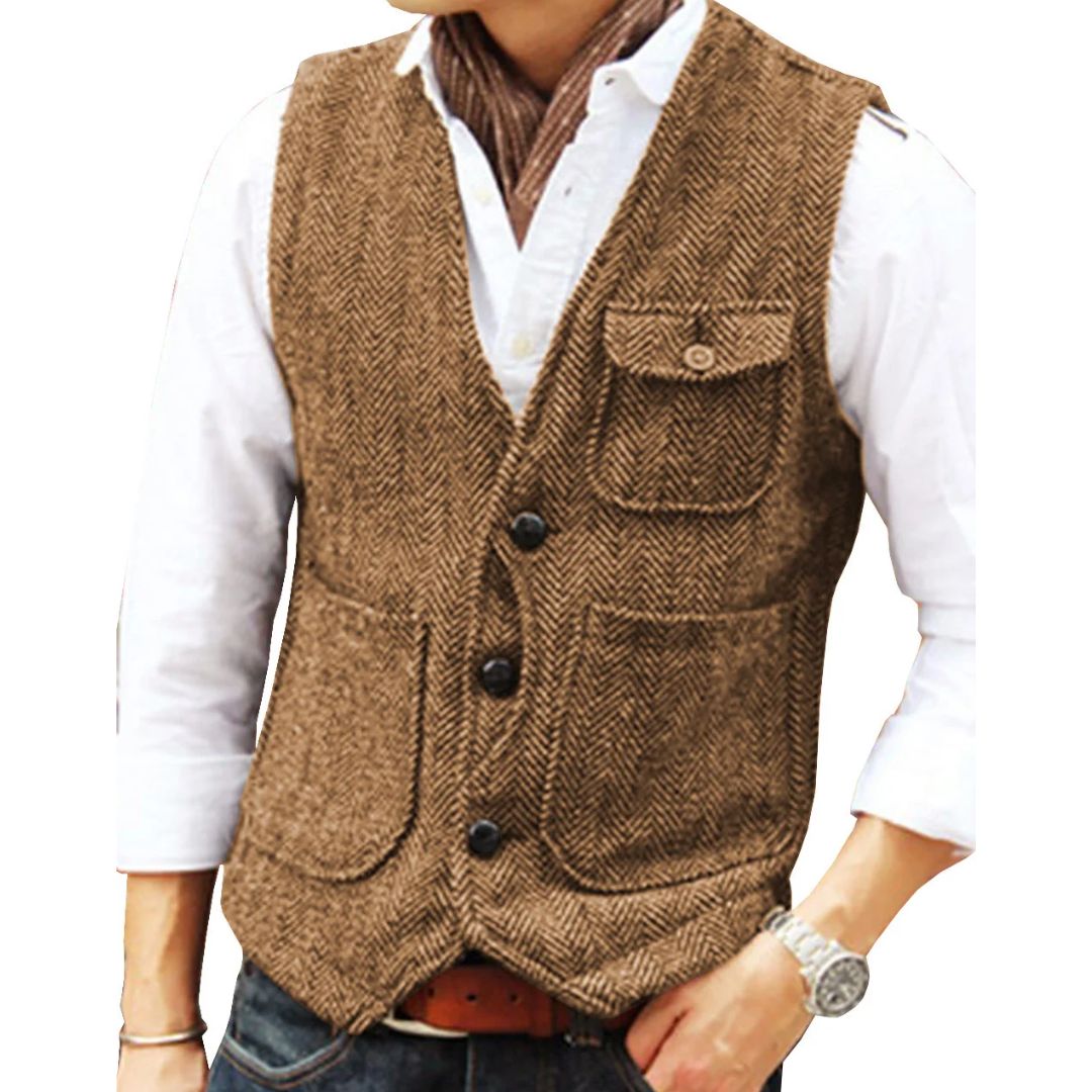Braune Tweed-Weste für Herren, klassisch, mit Knöpfen, über weißem Hemd getragen.