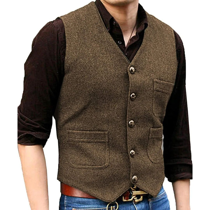 Braune Herrenweste aus Tweed, ärmellos, mit Knöpfen, ideal für formelle Anlässe.