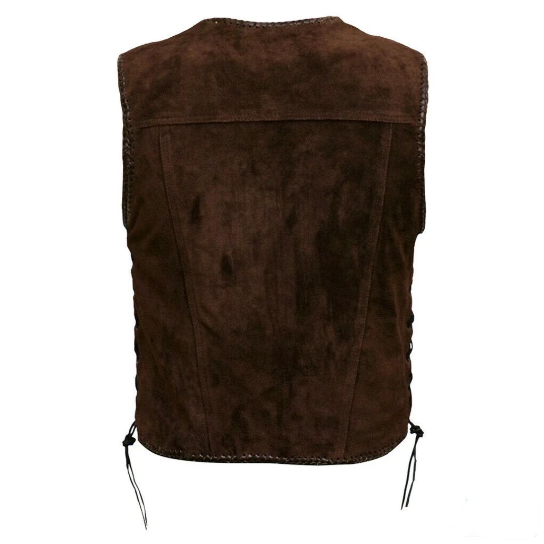 Braune Wildlederweste, ärmellos, Rückansicht, Herrenmode, Westernstil, Schnürdetails.