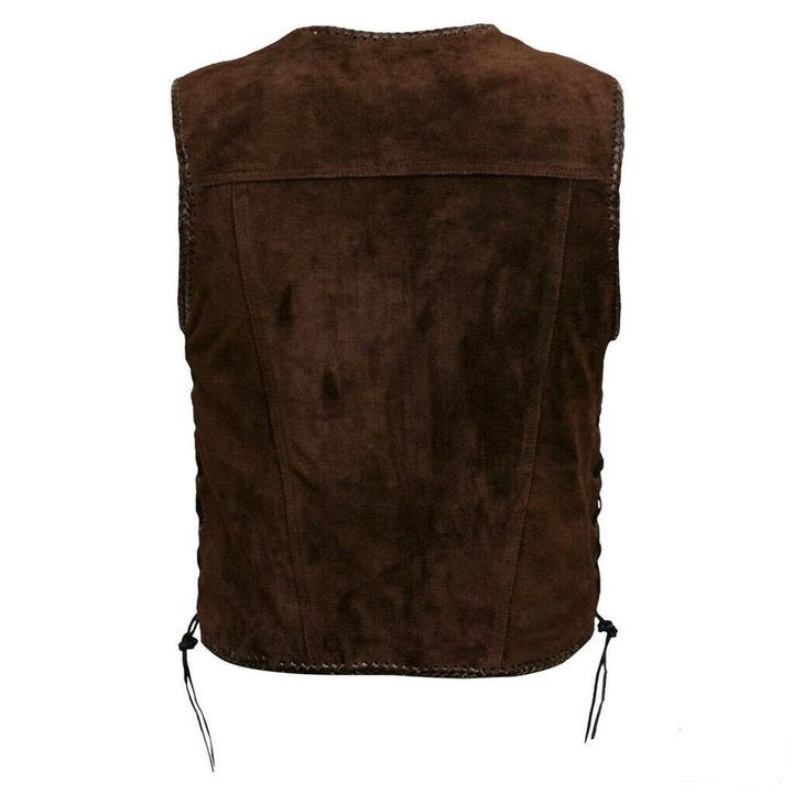 Braune Wildlederweste, ärmellos, Rückansicht, Herrenmode, Westernstil, Schnürdetails.