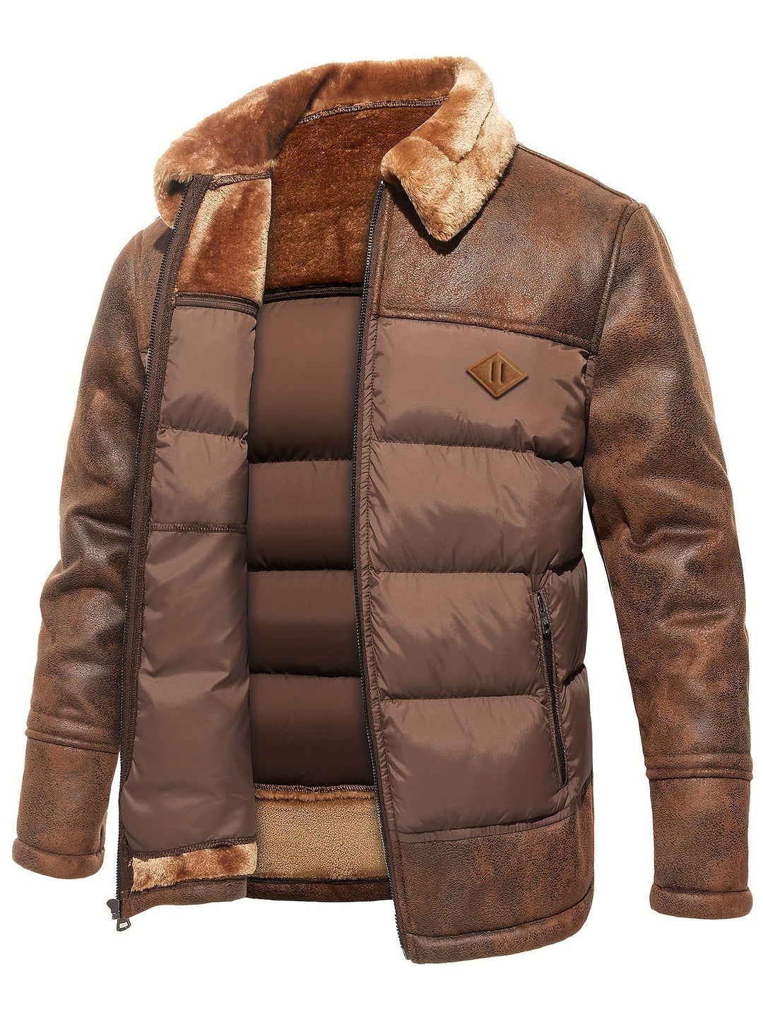 Braune Herren-Lederjacke mit Kunstfellkragen, gestepptem Innenfutter, Reißverschluss.