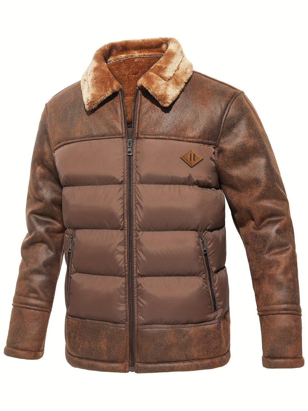 Braune Herren-Lederjacke mit Kunstfellkragen, Reißverschluss, gesteppte Details, Wintermode.
