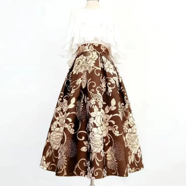 Brauner Maxirock mit weißem Blumenmuster, elegantes Design, Damenmode, Sommerkleidung.