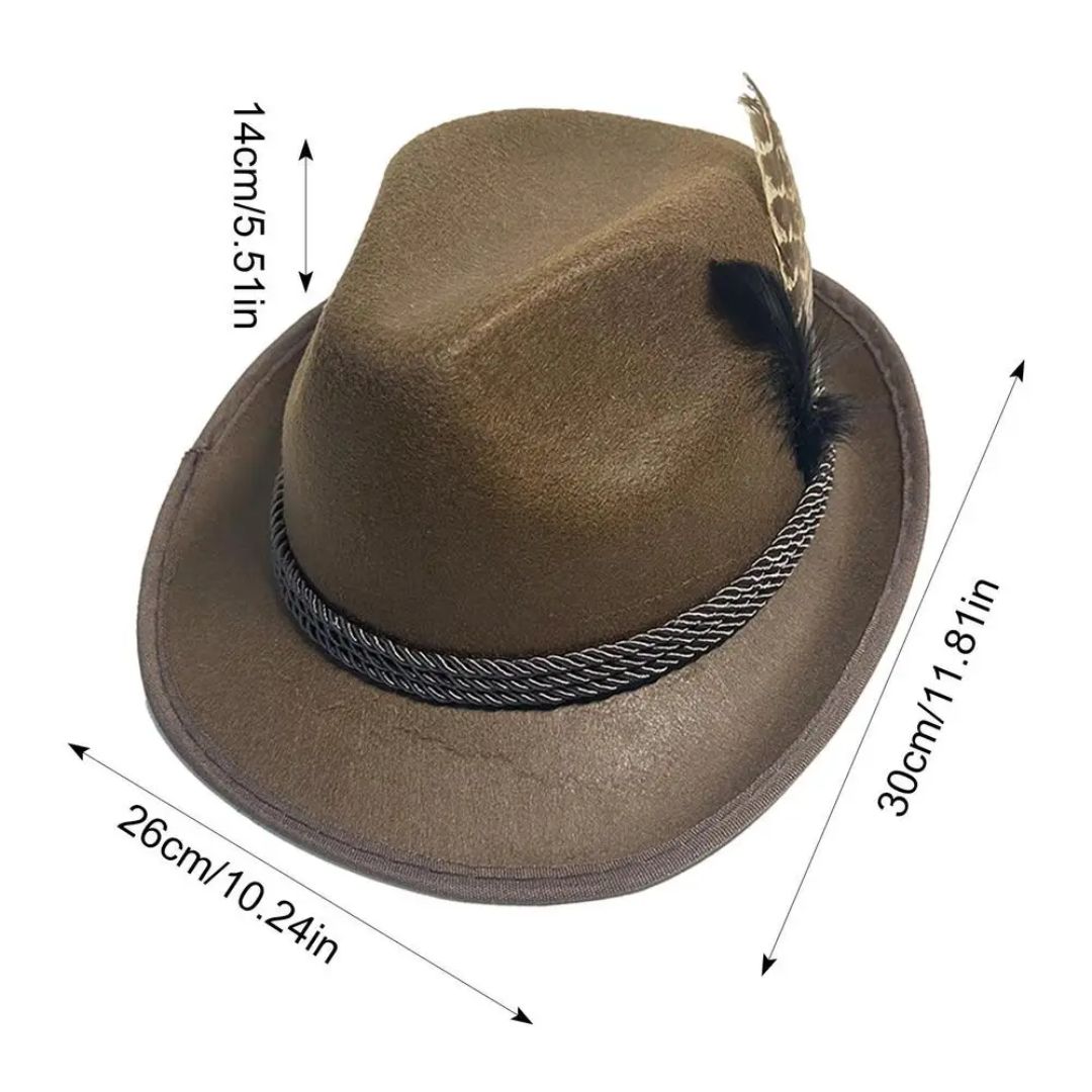 Brauner Filzhut mit Feder, Kordelband, 30 cm breit, 14 cm hoch, stilvoller Herrenhut.