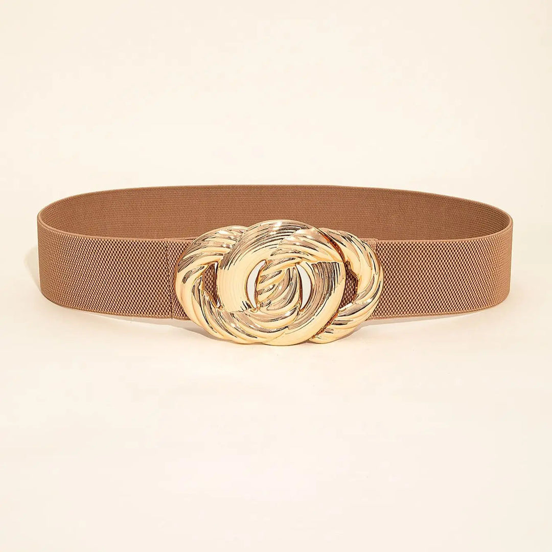 Brauner Gürtel mit goldener Schnalle, Damenmode Accessoire, elastisch, elegant, modisch.