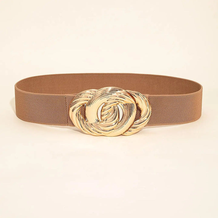 Brauner Gürtel mit goldener Schnalle, Damenmode Accessoire, elastisch, elegant, modisch.