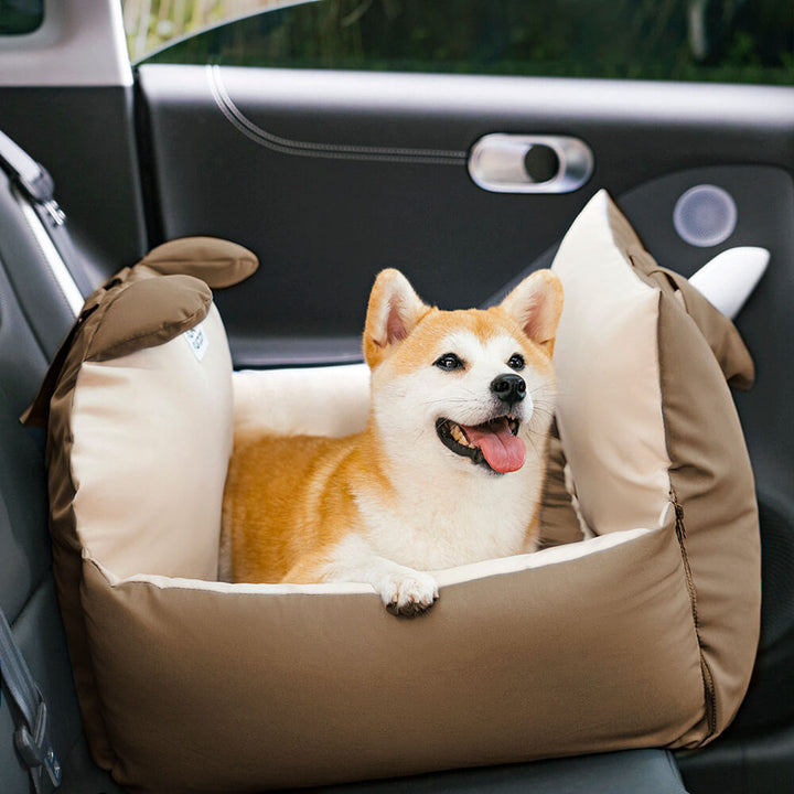 Hundebett Auto braun, Sicherheitsbett mit Bärenohren, Haustier, Rücksitz, bequem, waschbar.
