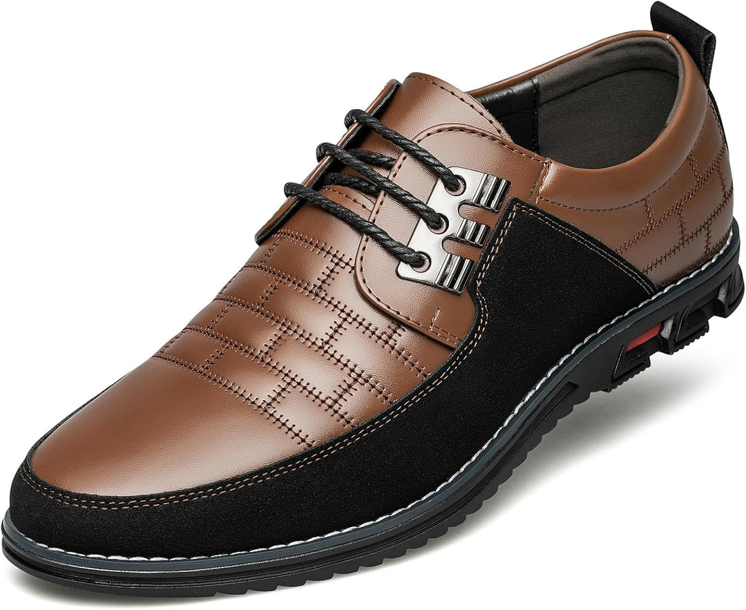 Brauner Herren-Lederschnürschuh, schwarz abgesetzt, elegantes Design, rutschfeste Sohle.