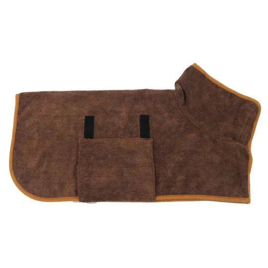 Brauner Hundebademantel aus Frottee, saugfähig, mit Klettverschluss, ideal für nasse Hunde.