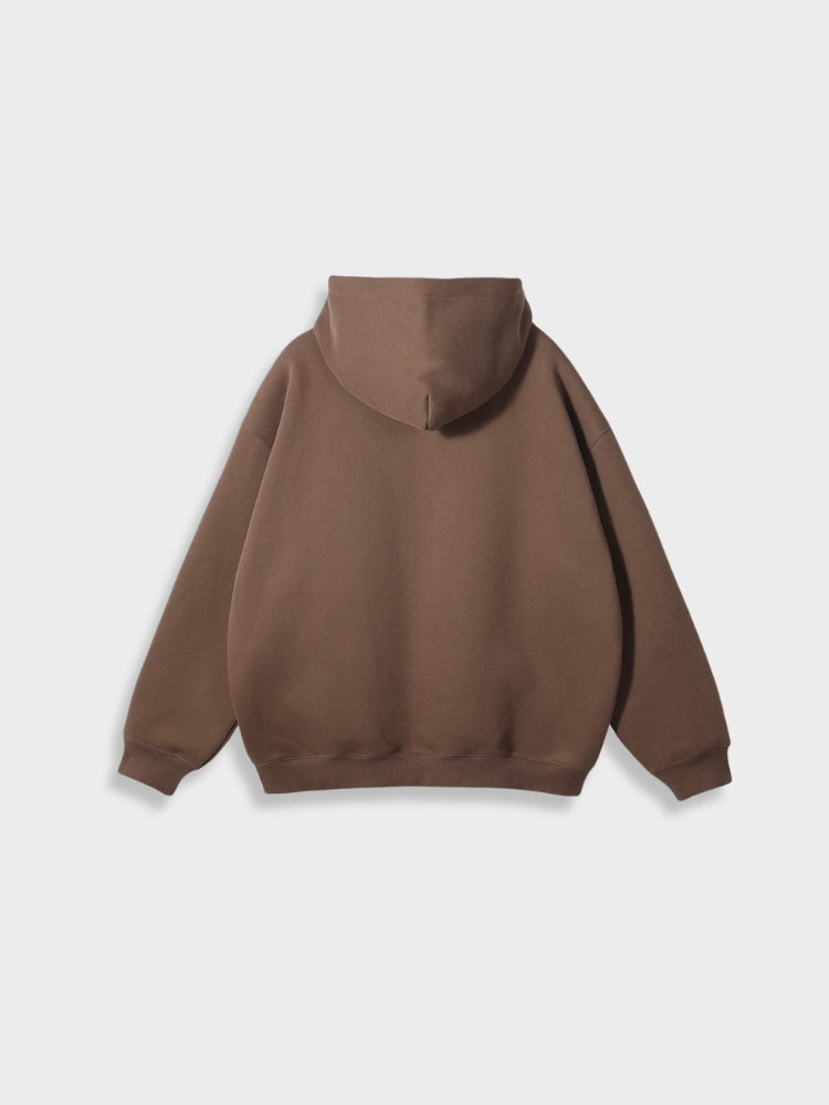 Brauner Kapuzenpullover aus Baumwolle, Unisex, Rückansicht, lässiger Stil, modisch.