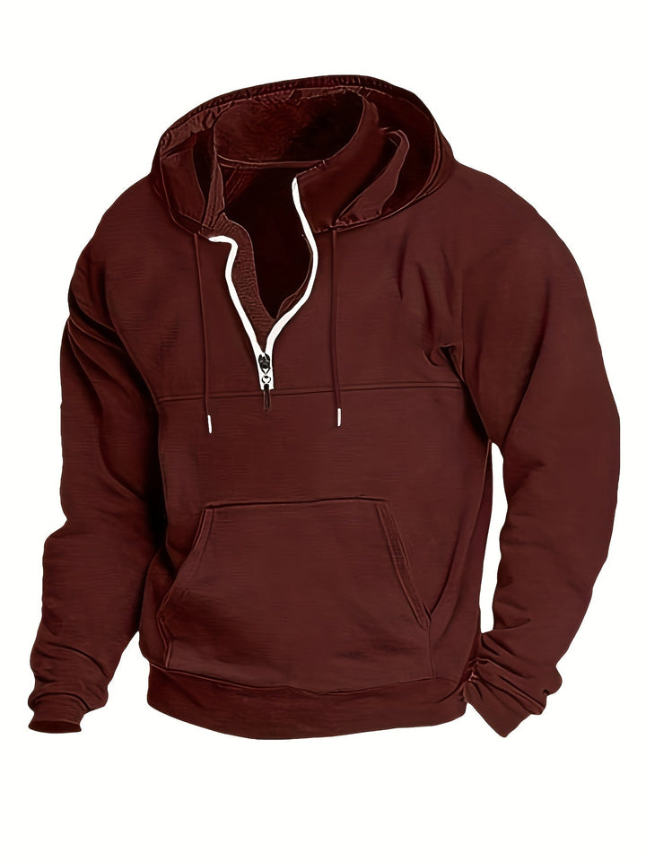 Bordeauxroter Kapuzenpullover mit Reißverschluss, Kängurutasche, Herrenmode, Baumwolle.