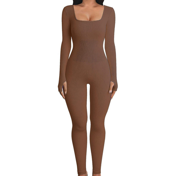 Brauner langärmeliger Jumpsuit für Damen, figurbetont, aus Shapewear-Material.