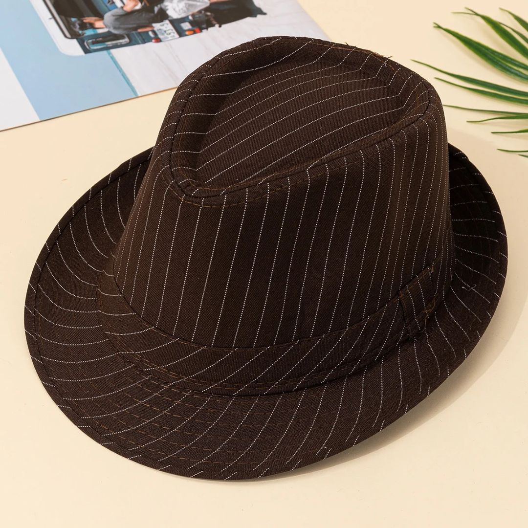 Brauner Fedora-Hut mit Nadelstreifen, stilvoller Herrenmode-Accessoire aus Stoff.