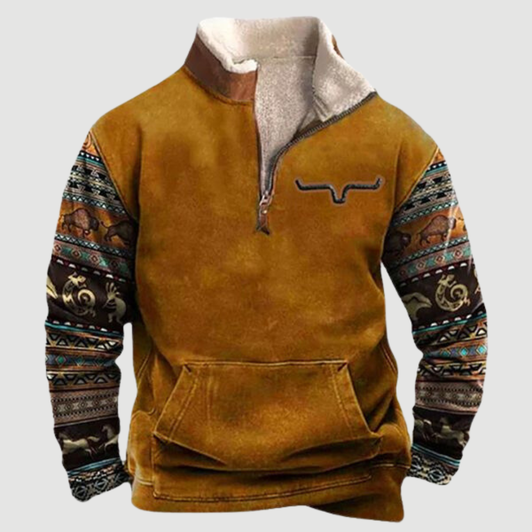Brauner Herren-Pullover mit Ethno-Muster, Reißverschluss und Kängurutasche, Wintermode.