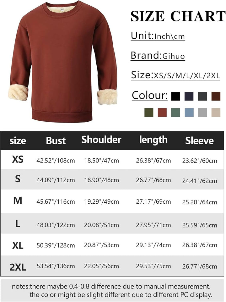 Brauner Gihuo Pullover, Fleece gefüttert, Unisex, Größen XS-2XL, Größentabelle inklusive.