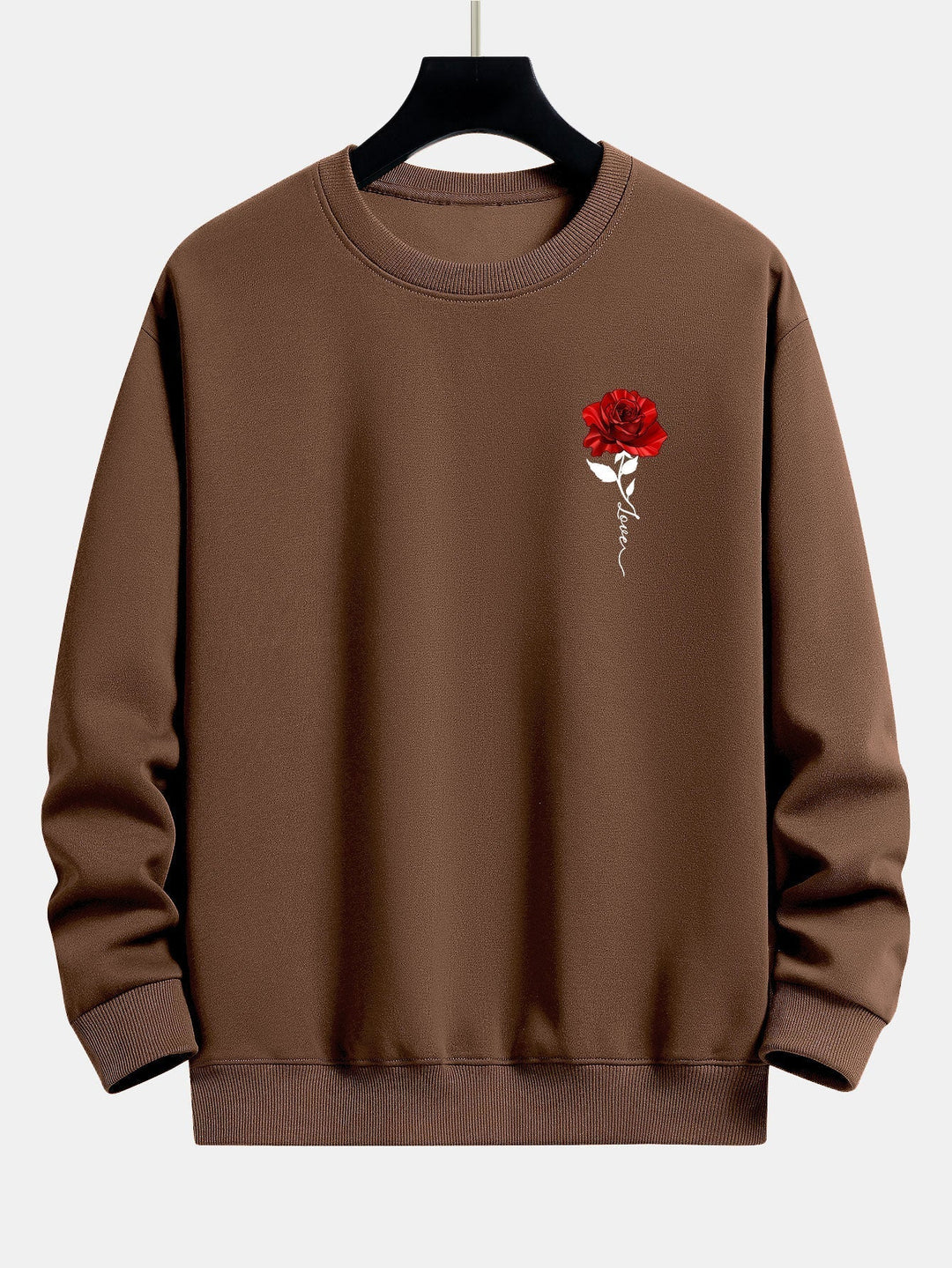 Brauner Pullover mit roter Rosenstickerei, Unisex, Baumwolle, modisch, lässig, Herbstmode.