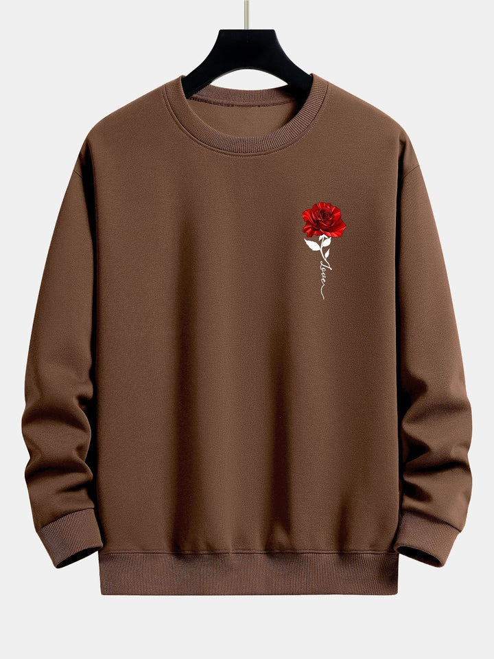 Brauner Pullover mit roter Rosenstickerei, Unisex, Baumwolle, modisch, lässig, Herbstmode.