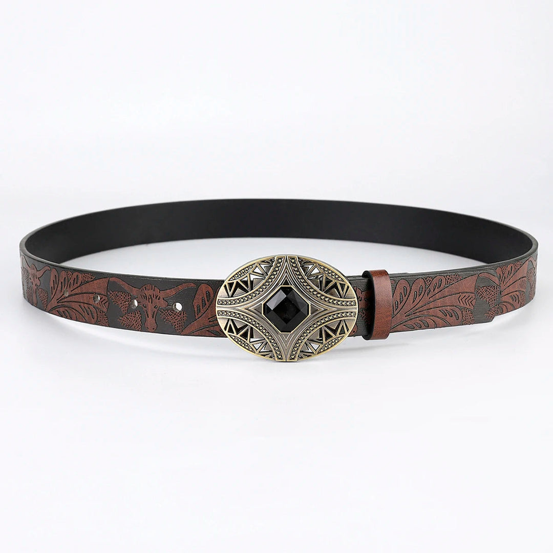 Brauner Ledergürtel mit geprägtem Muster und dekorativer Metallschnalle, Unisex-Accessoire.