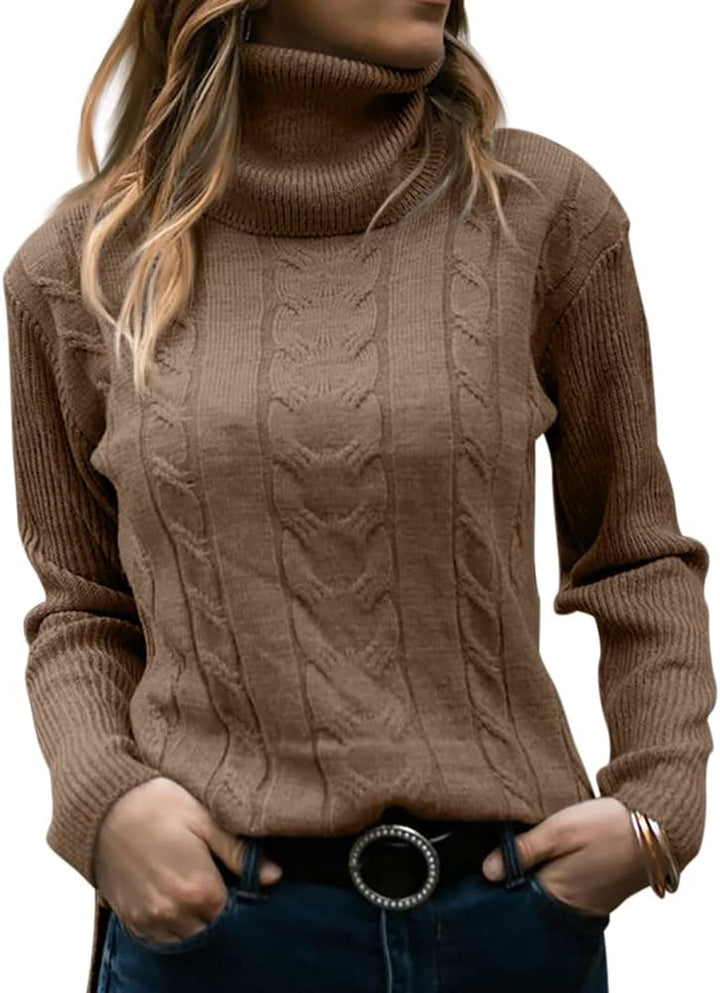 Damen Rollkragenpullover, braun, Zopfmuster, Strick, Herbstmode, lässig, warm, elegant.