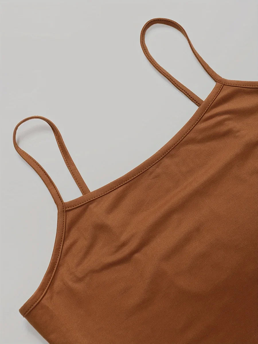 Braunes Spaghettiträger-Top aus Baumwolle, ärmellos, Damenmode, Sommerkleidung.