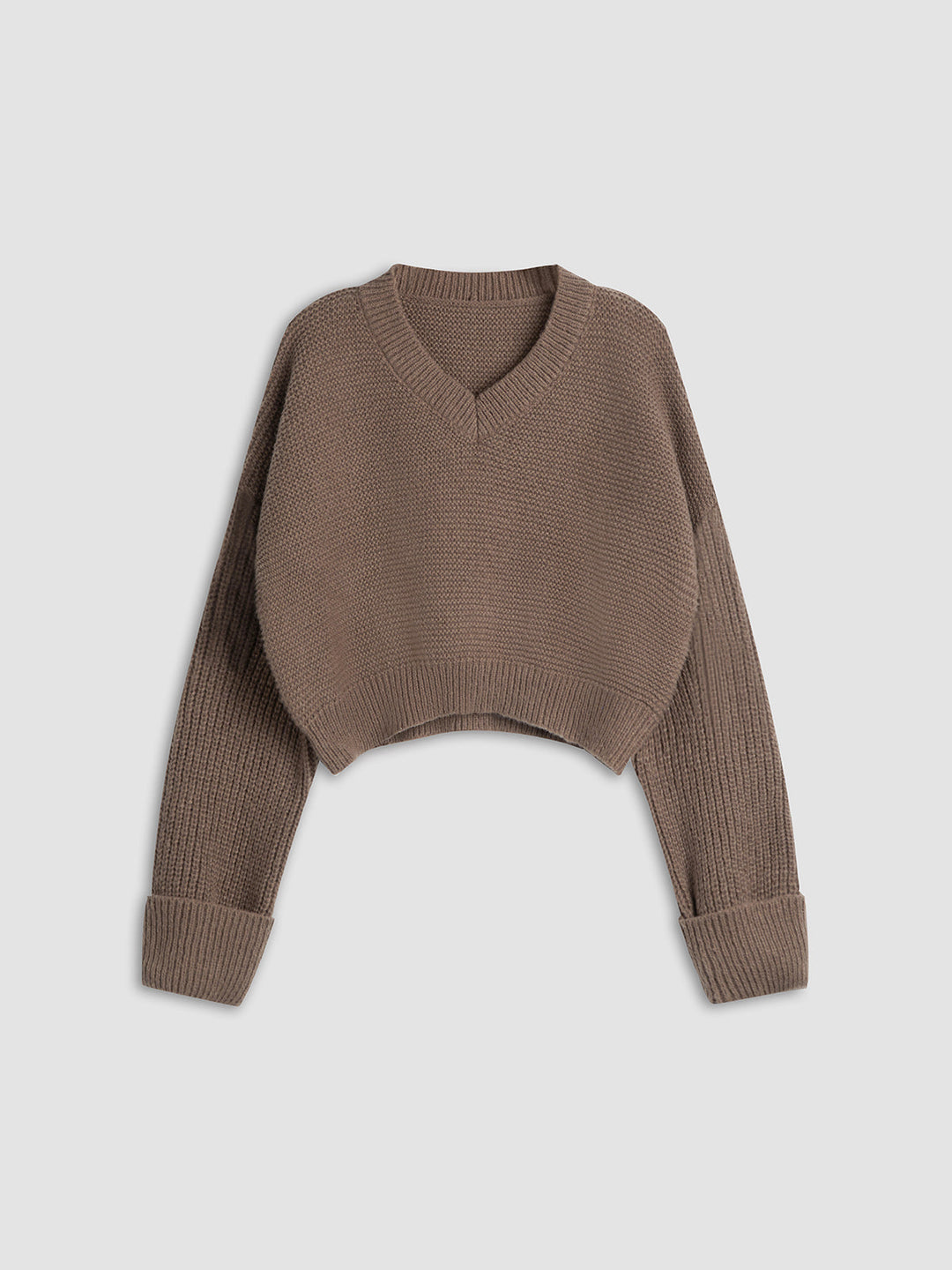 Brauner Strickpullover Damen, V-Ausschnitt, lange Ärmel, modisch, Herbstmode, gemütlich.