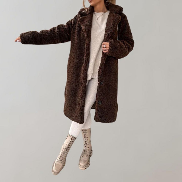 Damen Teddyjacke Braun, lang, kuschelig, modisch, Wintermantel, warm, stilvoll, elegant.
