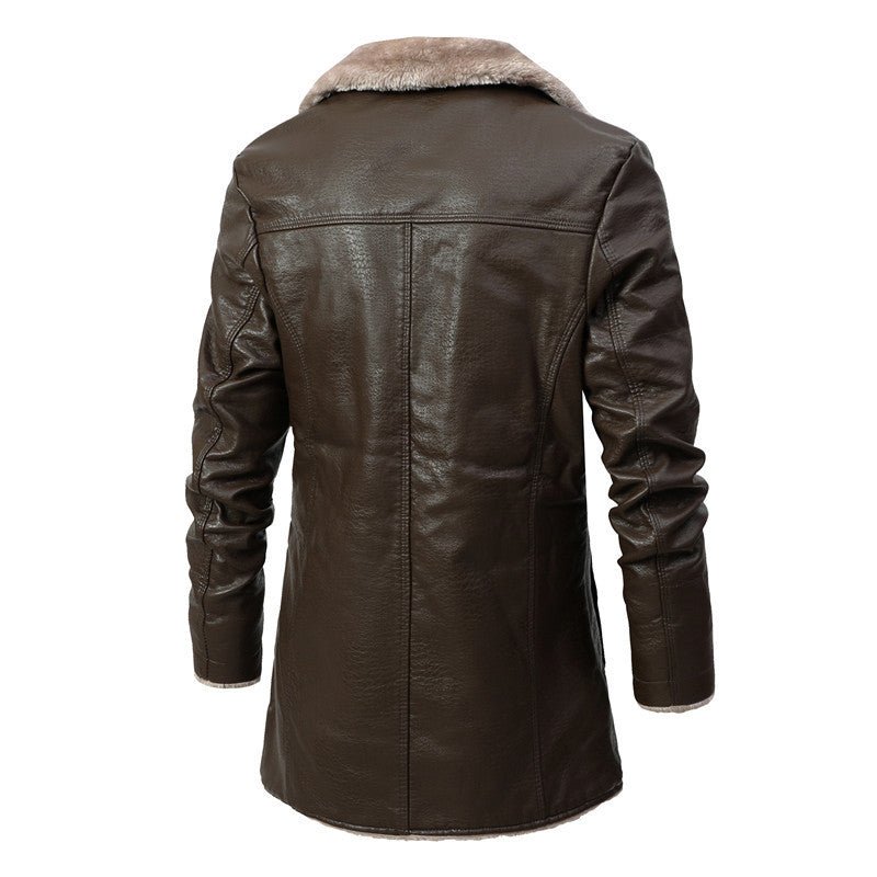 Brauner Herren-Wintermantel aus Leder mit Kunstfellkragen, stilvoll und warm.