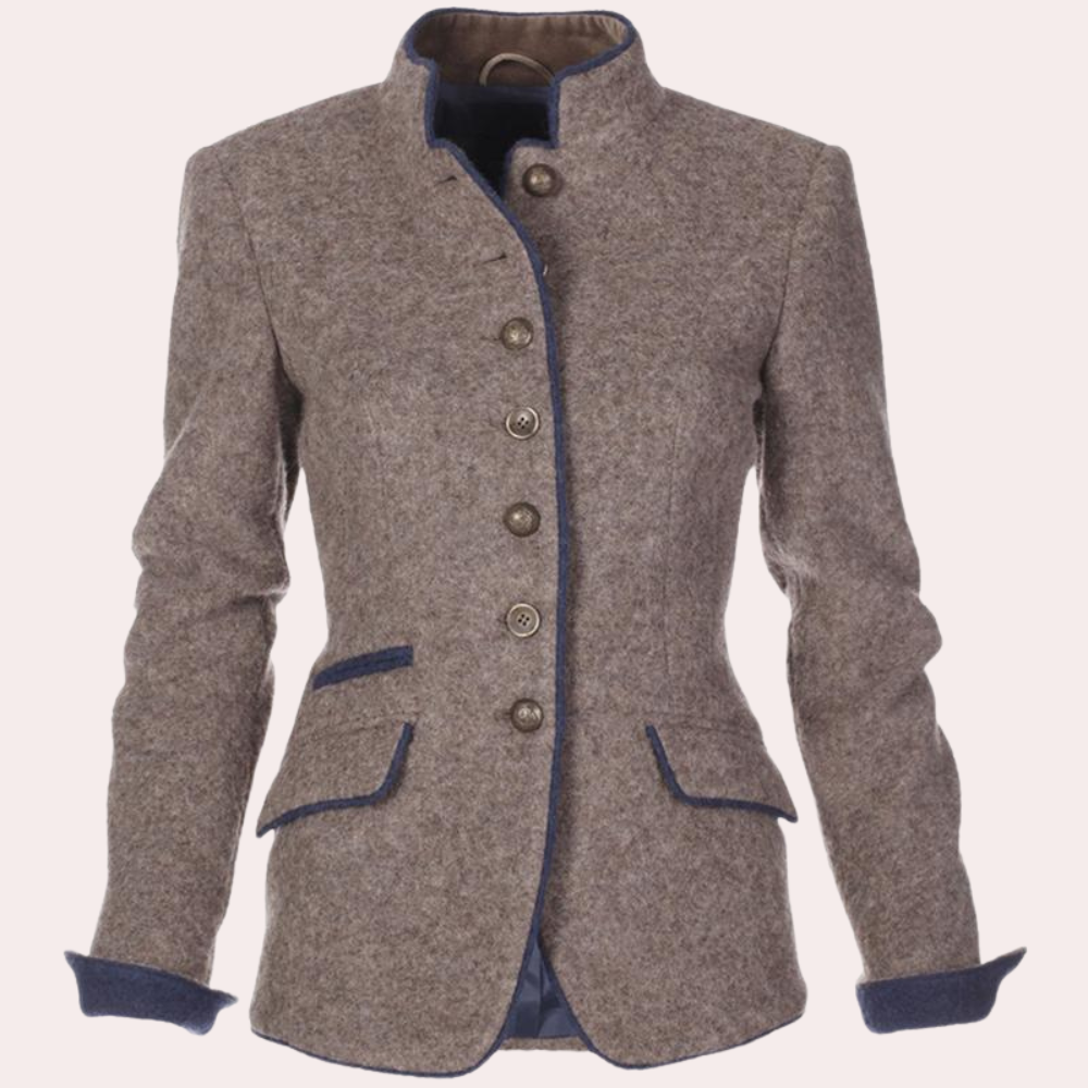 Braune Damenjacke aus Wolle mit blauen Akzenten, Stehkragen und Knopfleiste.