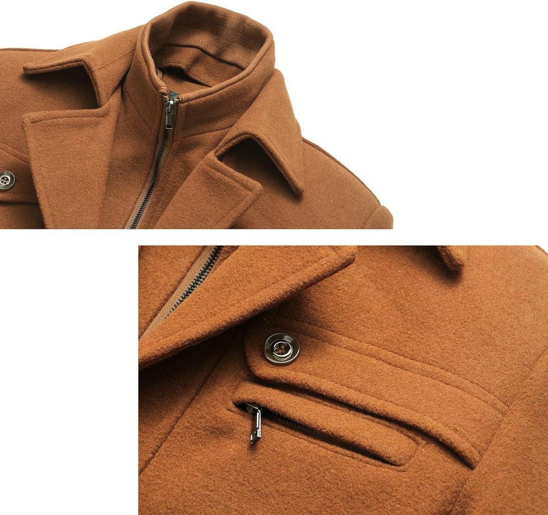 Brauner Wollmantel mit Reißverschluss und Knopfdetails, Herrenmode, stilvoll und warm.