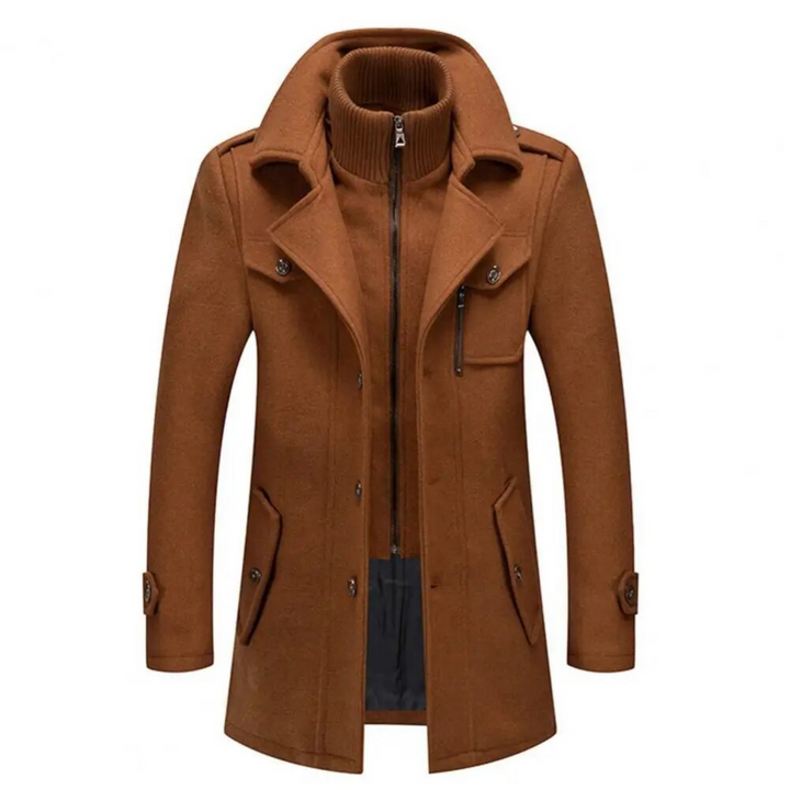 Brauner Herrenmantel aus Wolle mit Reißverschluss und Knöpfen, elegantes Design, Herbstmode.