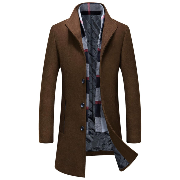 Brauner Herrenmantel, Wollmischung, elegantes Design, kariertes Innenfutter, Wintermode.